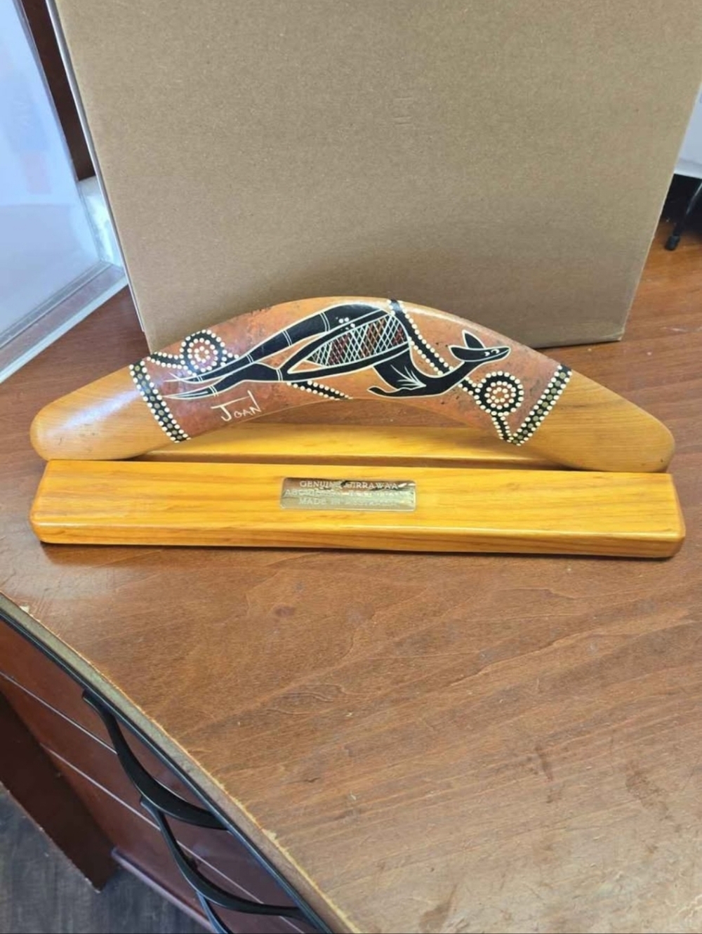 Hand-Painted Aboriginal Style Wooden Boomerang - Natural Wood & Black Design